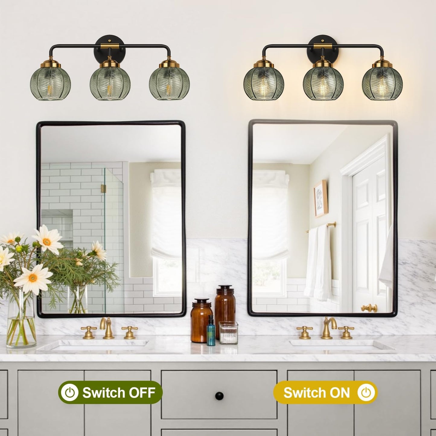 MOKATNG Bathroom Light Fixtures, 3-Light Green Vanity Lights with Unique Leaf Texture Glass Shade, Modern Matte Black and Gold Bathroom Wall Lamp for Mirror Hallway Cabinet Living Room