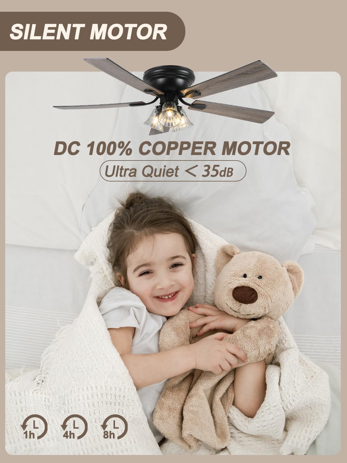 52 Inch Flush Mount Farmhouse Ceiling Fans with Lights and Remote Control | 5 Reversible Blades Vintage Low Profile Ceiling Fan with 3-Light 6 Speeds for Living Room Bedroom Kitchen Dining Room