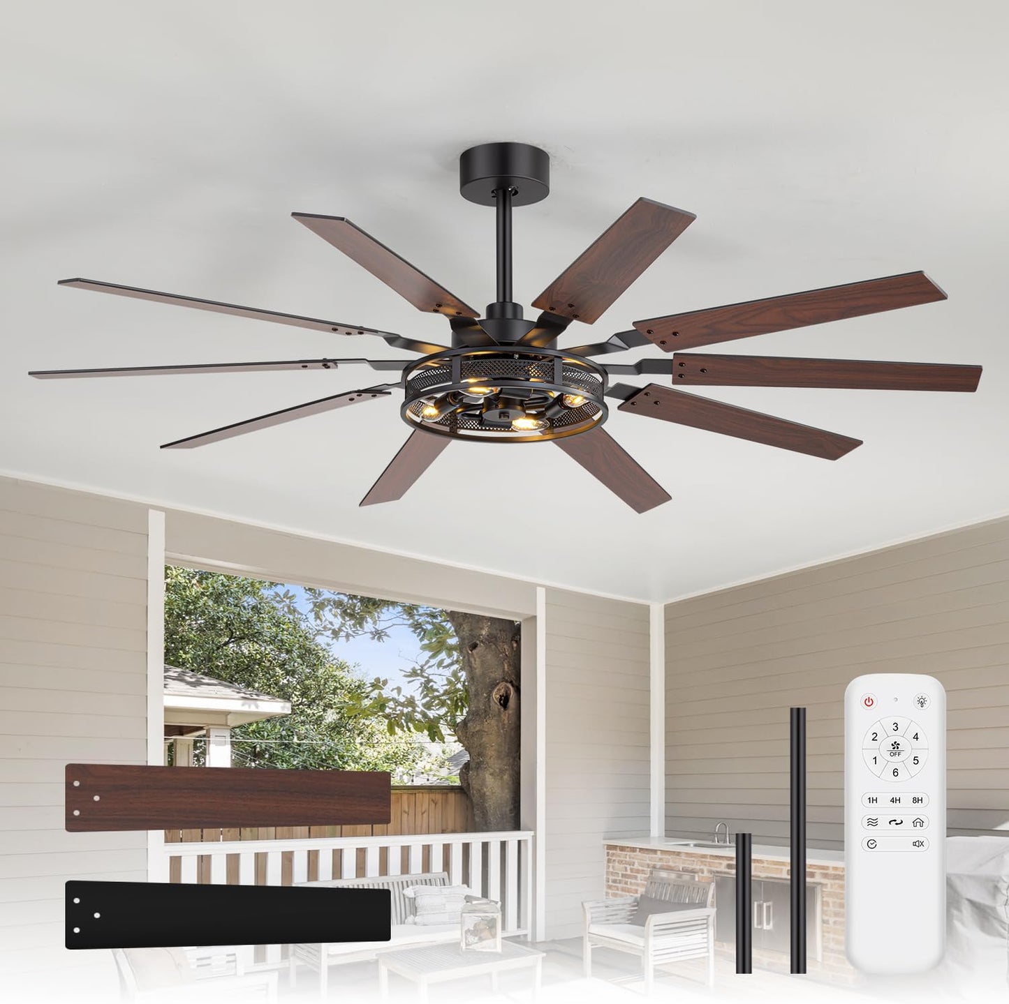 60 Inch Farmhouse Ceiling Fans with Rustic Lights, Caged Ceiling Fans with Remote, Industrial Ceiling Fan with Reversible DC Motor, Antique Downrod Mount Fan with Chandelier for Living Room Bedroom