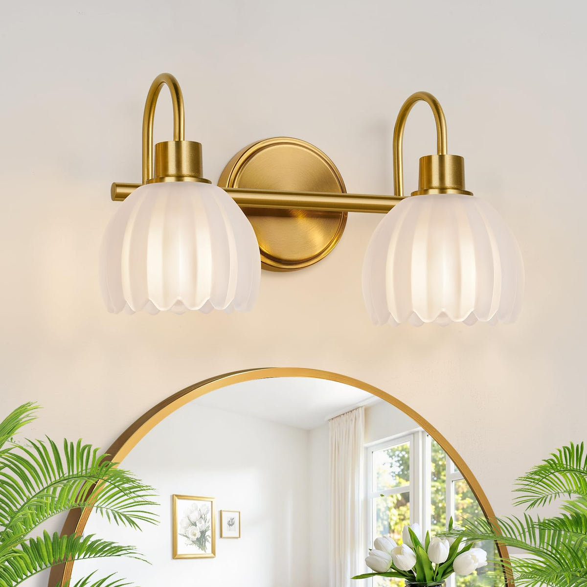 Bathroom Light Fixtures, 3-Light Brushed Gold Vanity Lights for Bathroom with Ribbed Amber Tulip Glass Shade, 20 in Bathroom Vanity Lights Over Mirror for Bedroom, Living Room, Hallway