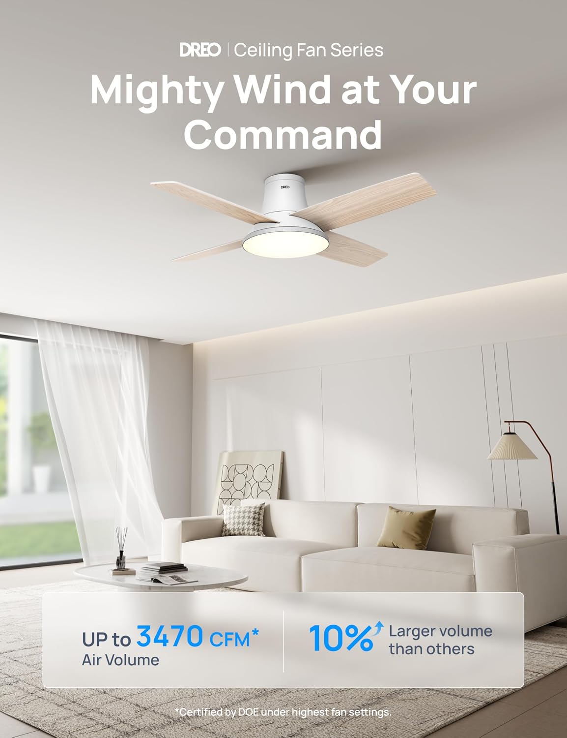DREO Ceiling Fans with Lights 44'', Flush Mount Smart Ceiling Fan, Remote
