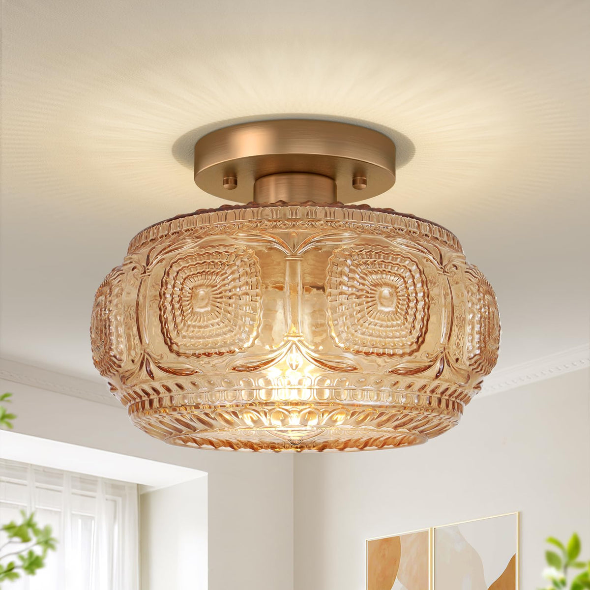 Globe Glass Semi Flush Mount Ceiling Light Fixture, Vintage Gold | Beautiful Light Shadow, Easy to Install, Bright Ambiance, Modern Lighting for Hallway Entryway Kitchen Bathroom Bedroom