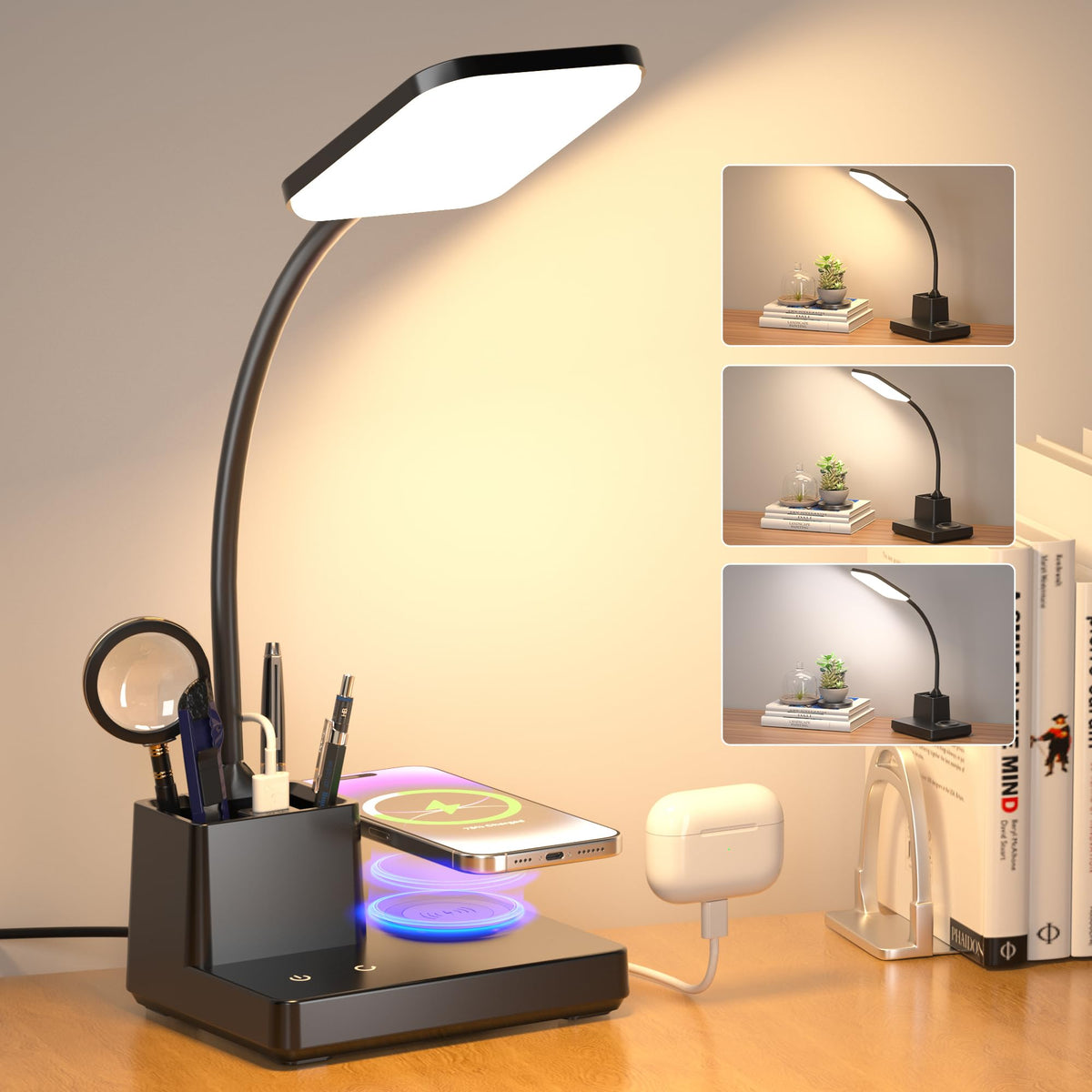 LED Desk Lamp with 10W Wireless Charging & Pen Holder, Black | CRI 95, 800LM, Stepless Dimming, 3 Modes, 360°Flexible Arm, Touch, Study Table Lamp for Home Office, Dorm Room, with Adapter