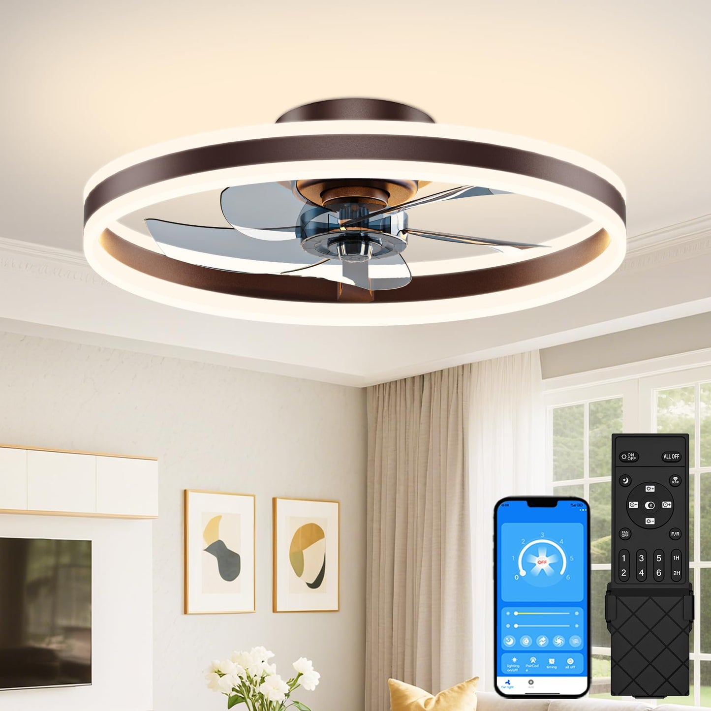 VOLISUN Low Profile Ceiling Fans with Lights and Remote, 27.6in Flush Mount Ceiling Fans with Light, 3000K-6500K Dimmable Fandelier LED Fan Light, Black Bladeless Ceiling Fans with Lights for Bedroom