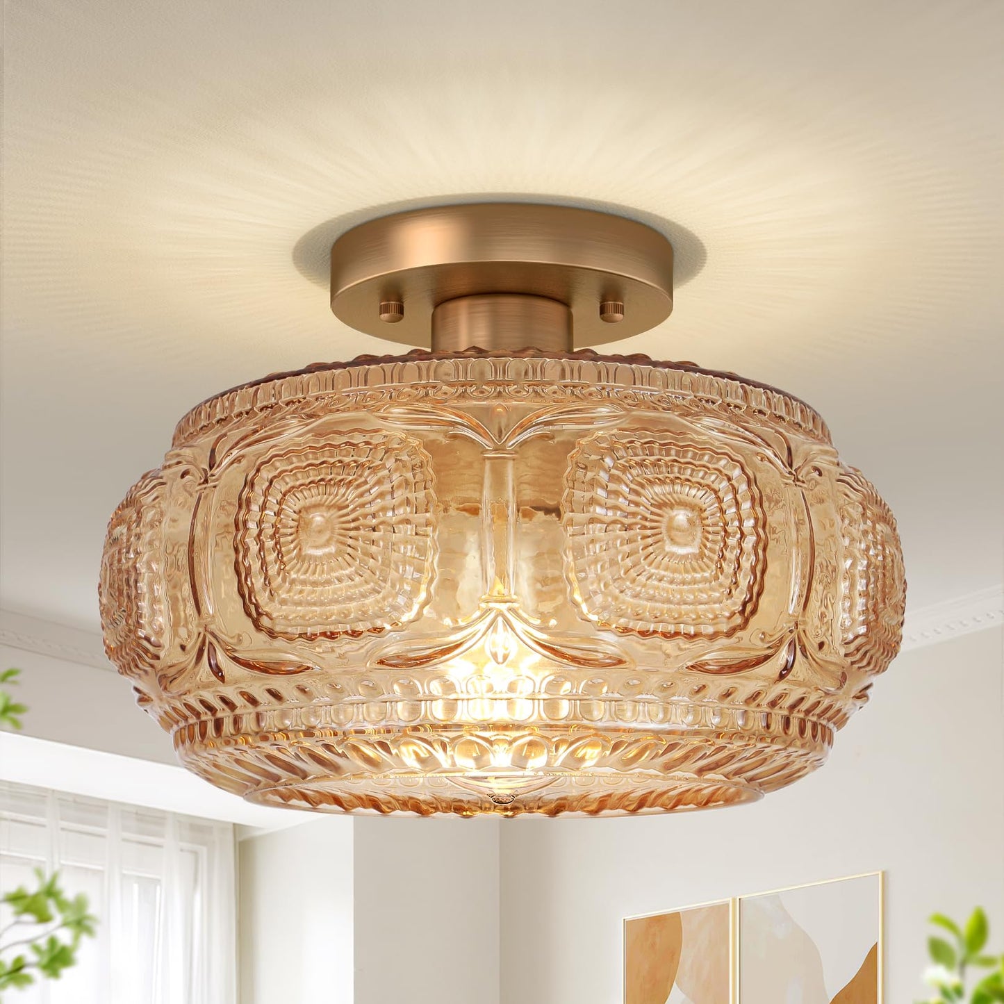 Globe Glass Semi Flush Mount Ceiling Light Fixture, Vintage Gold | Beautiful Light Shadow, Easy to Install, Bright Ambiance, Modern Lighting for Hallway Entryway Kitchen Bathroom Bedroom