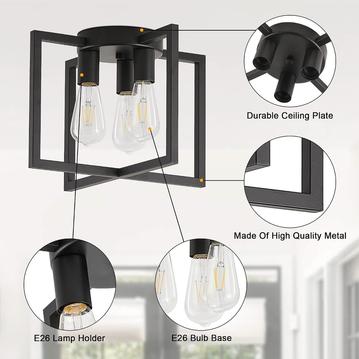 3-Light Ceiling Light Fixture, Black Semi-Flush Mount Chandelier with Geometric Metal Shade, Farmhouse Industrial Lighting for Kitchen Living Room Bedroom Hallway Foyer, E26 Base