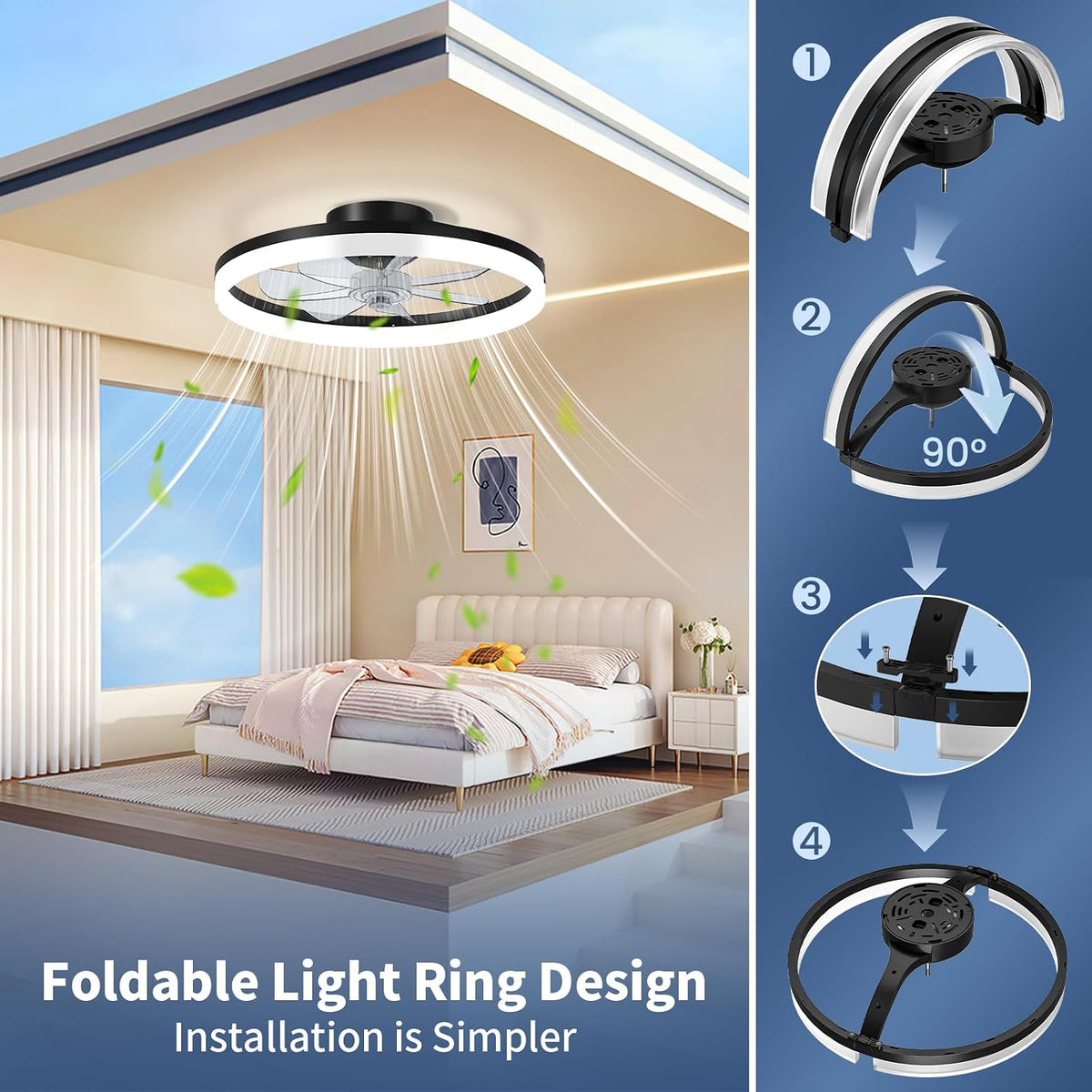CHAREADA Ceiling Fan with Light, 20" Low Profile Foldable Ceiling Fans | with 6 Wind Speeds, Dimmable Smart Ceiling Fan Light with Remote for Bedroom, Kids Room and Living Room