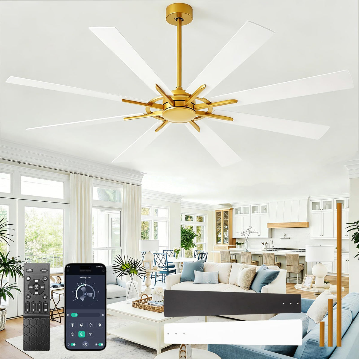 Large Ceiling Fans with Lights: Modern 72 Inch 8 Blade Outdoor Ceiling Fan with Remote APP Control - Dimmable Black Big Fan Light Indoor Reversible 6 Speed Quiet DC Motor