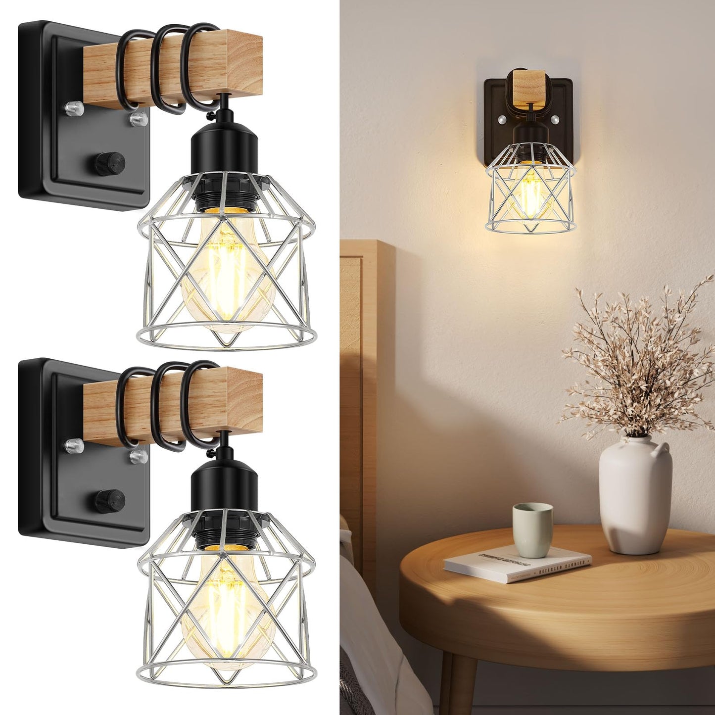 FadimiKoo 3-Light Bathroom Vanity Lights, Farmhouse Bathroom Light Fixtures | Rustic Wood & Black Metal Shade, Wood Bathroom Lighting Fixtures Over Mirror, Wall Sconces for Bathroom Bedroom Living Room
