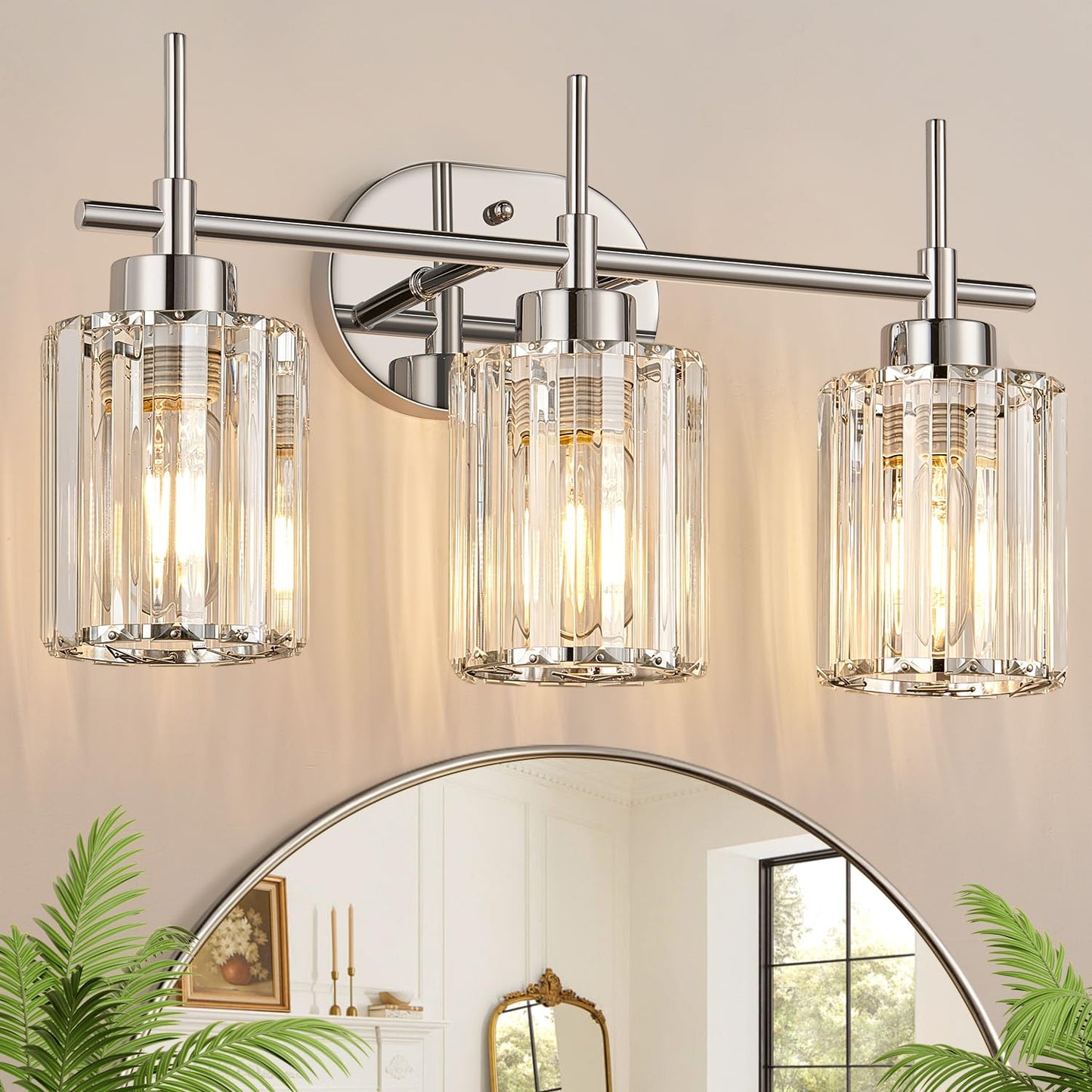 Modern Crystal Bathroom Vanity Light, 3-Light Brushed Gold Bathroom Light Fixtures with Clear Shades, Vanity Lighting Fixtures Over Mirror (Exclude Bulb)