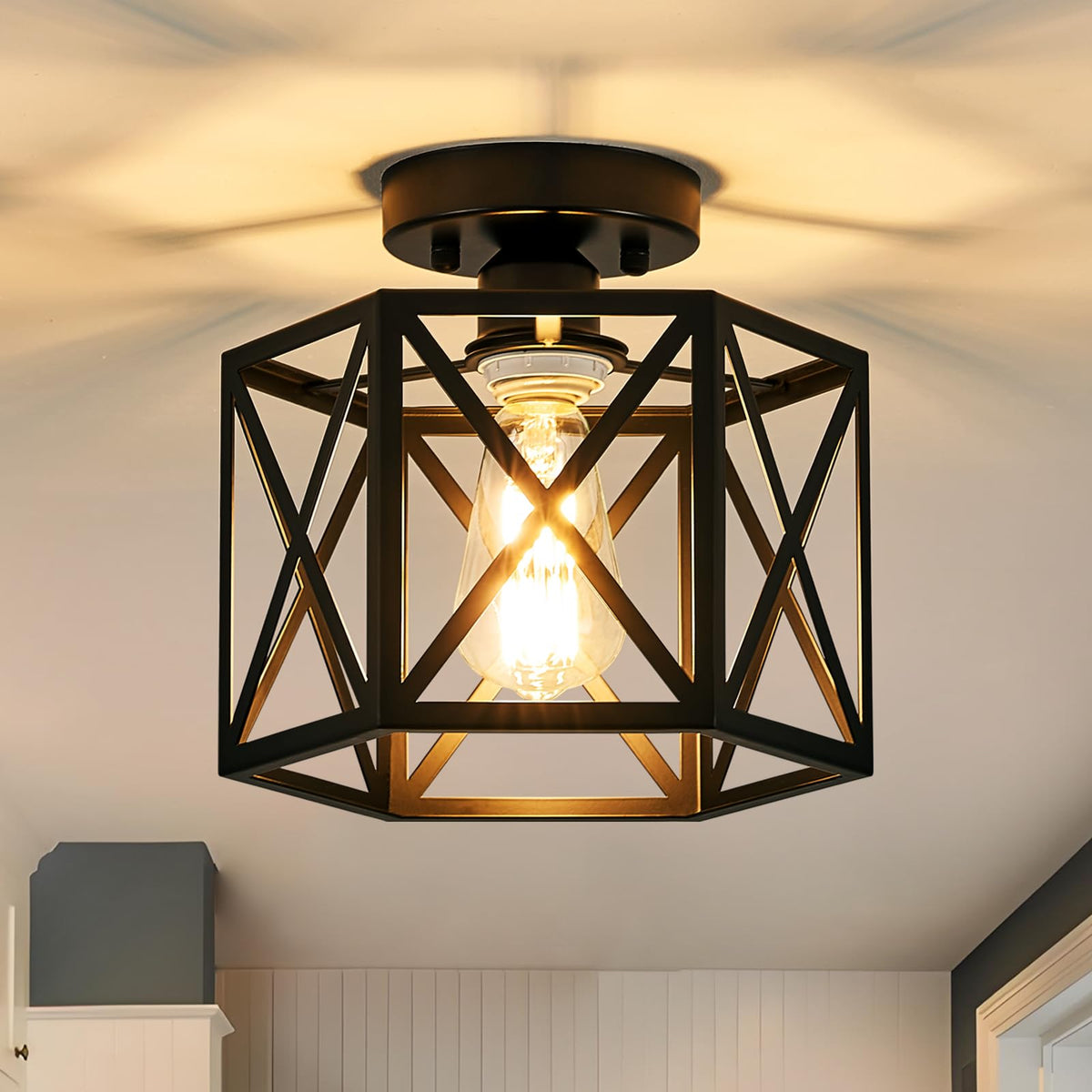 Black Modern Farmhouse Metal Semi Flush Mount Ceiling Light Fixture 14.6 in | Industrial Ceiling Lighting Fixture,hexagonal Lighting Fixtures for Kitchen Island Bedroom Foyer Dining Room Hallway,3-Light