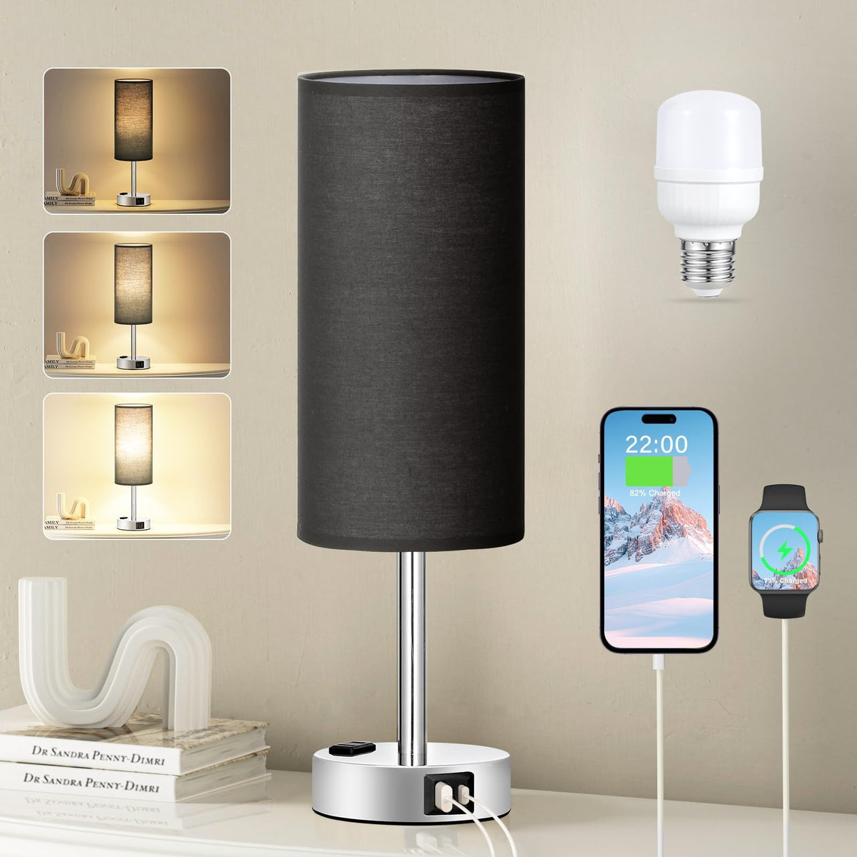 Bedside Table Lamp for Bedroom - Dimmable Touch, USB A+C, AC Outlet | 3-Way Dimmable, LED Bulb Included, Fabric Lampshade, Wood-Grain Metal Base, 14" Small Nightstand Lamp for Desk, Living Room