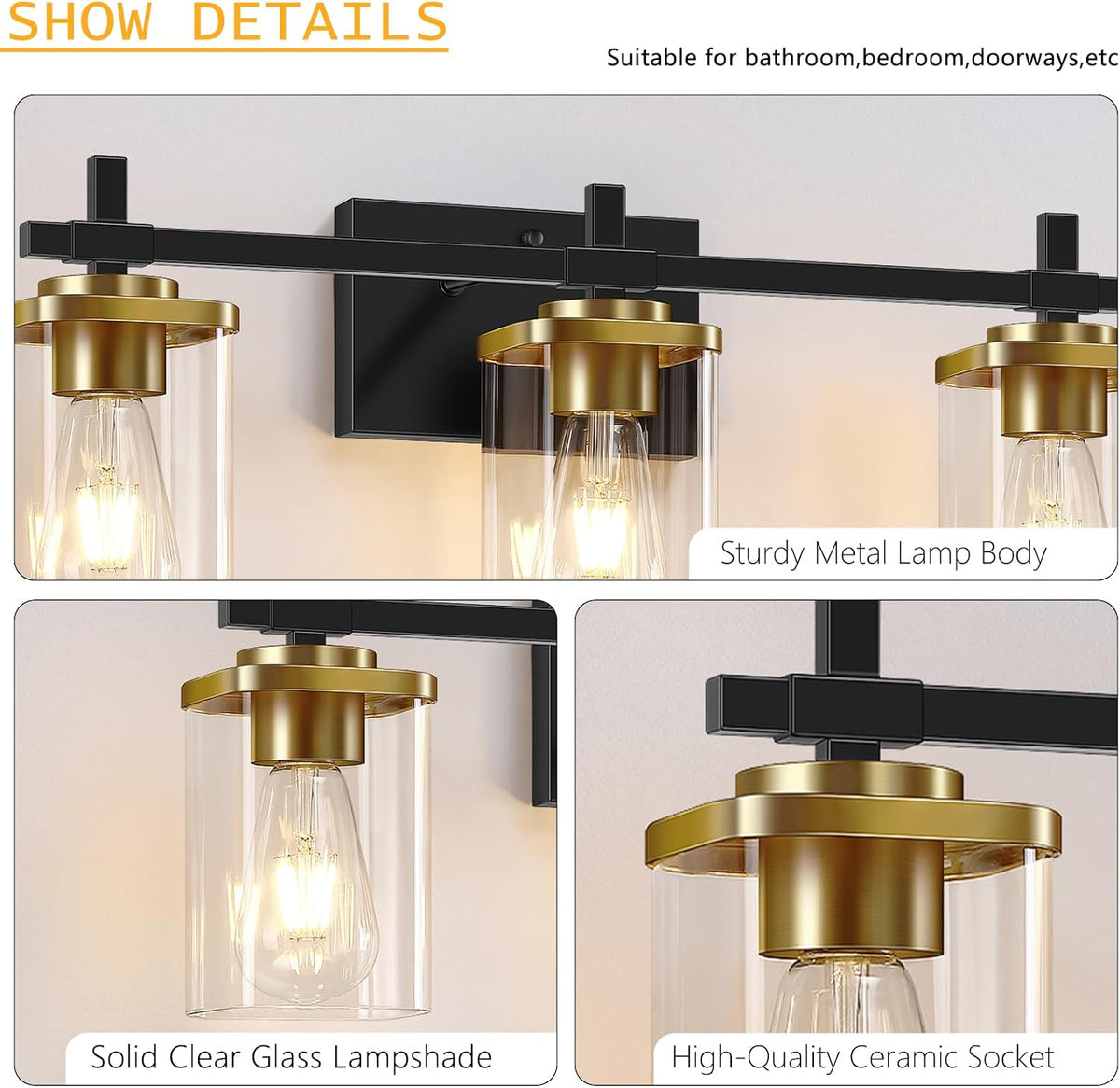 3-Lights Black and Gold Bathroom Light Fixtures Over Mirror, Modern Brushed Gold Vanity Lights for Bathroom, Sconces Wall Lighting with Square Glass Shade for Mirror Bedroom Hallway