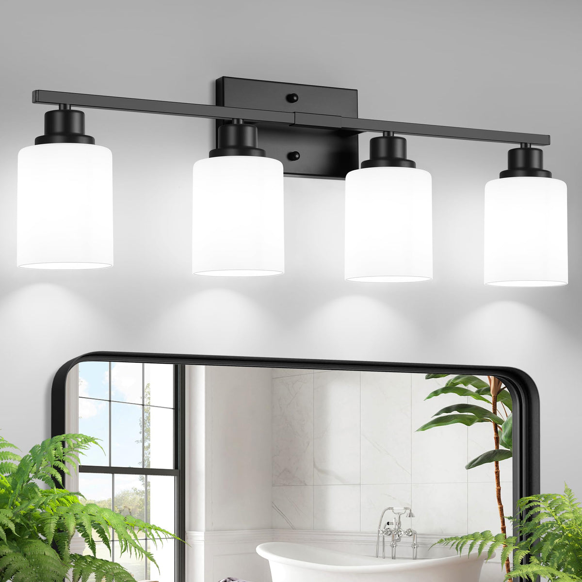 Ascher Bathroom Light Fixtures, 4-Light Vanity Light Over Mirror, Brushed Nickel Wall Sconces with Milky White Frosted Glass Shades, Wall Lamp for Living Room Bedroom, E26 Base(Bulbs Not Included)