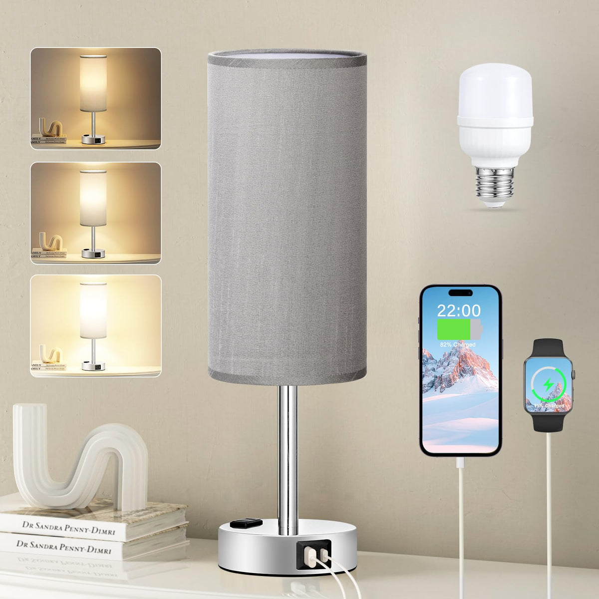 Bedside Table Lamp for Bedroom - Dimmable Touch, USB A+C, AC Outlet | 3-Way Dimmable, LED Bulb Included, Fabric Lampshade, Wood-Grain Metal Base, 14" Small Nightstand Lamp for Desk, Living Room