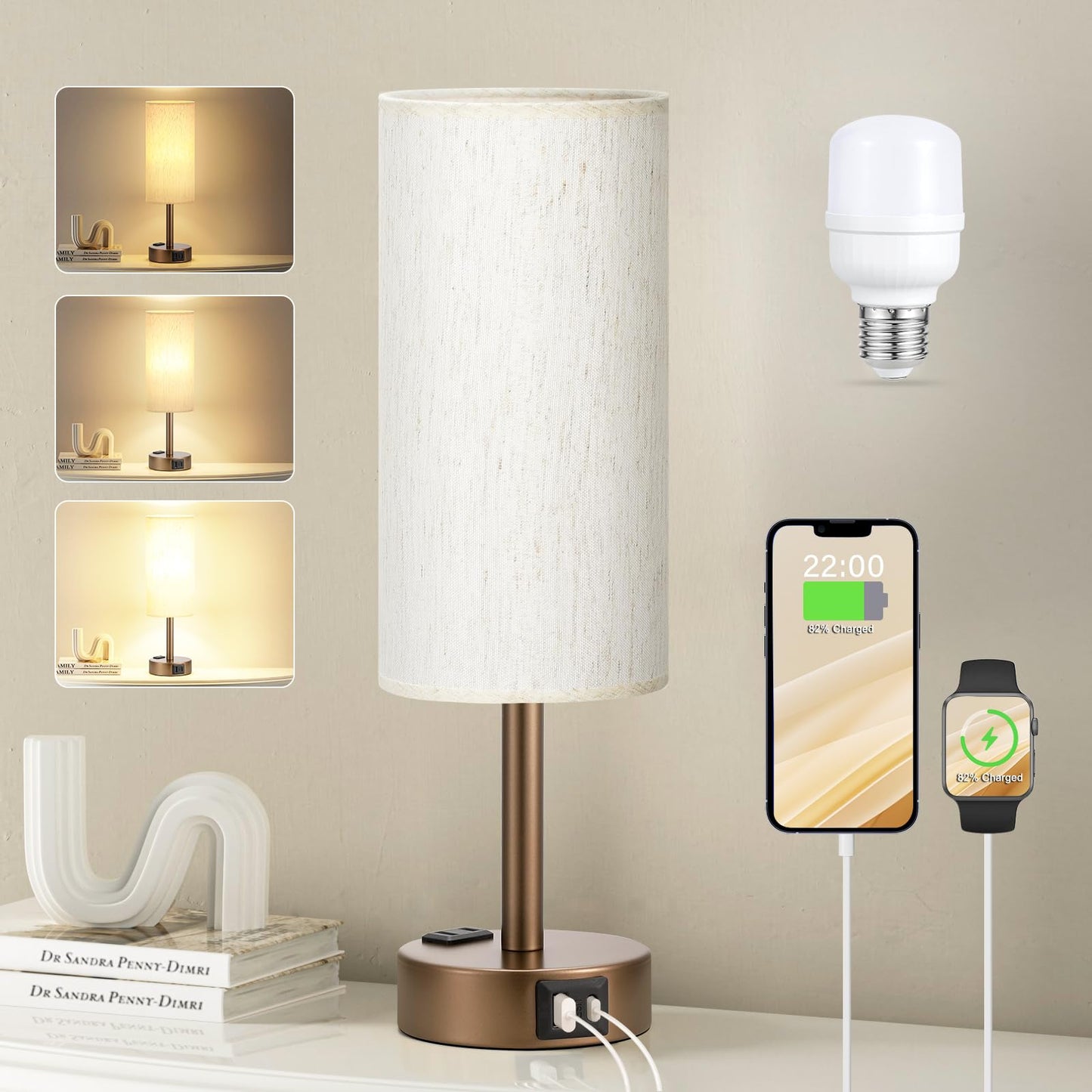 Bedside Table Lamp for Bedroom - Dimmable Touch, USB A+C, AC Outlet | 3-Way Dimmable, LED Bulb Included, Fabric Lampshade, Wood-Grain Metal Base, 14" Small Nightstand Lamp for Desk, Living Room