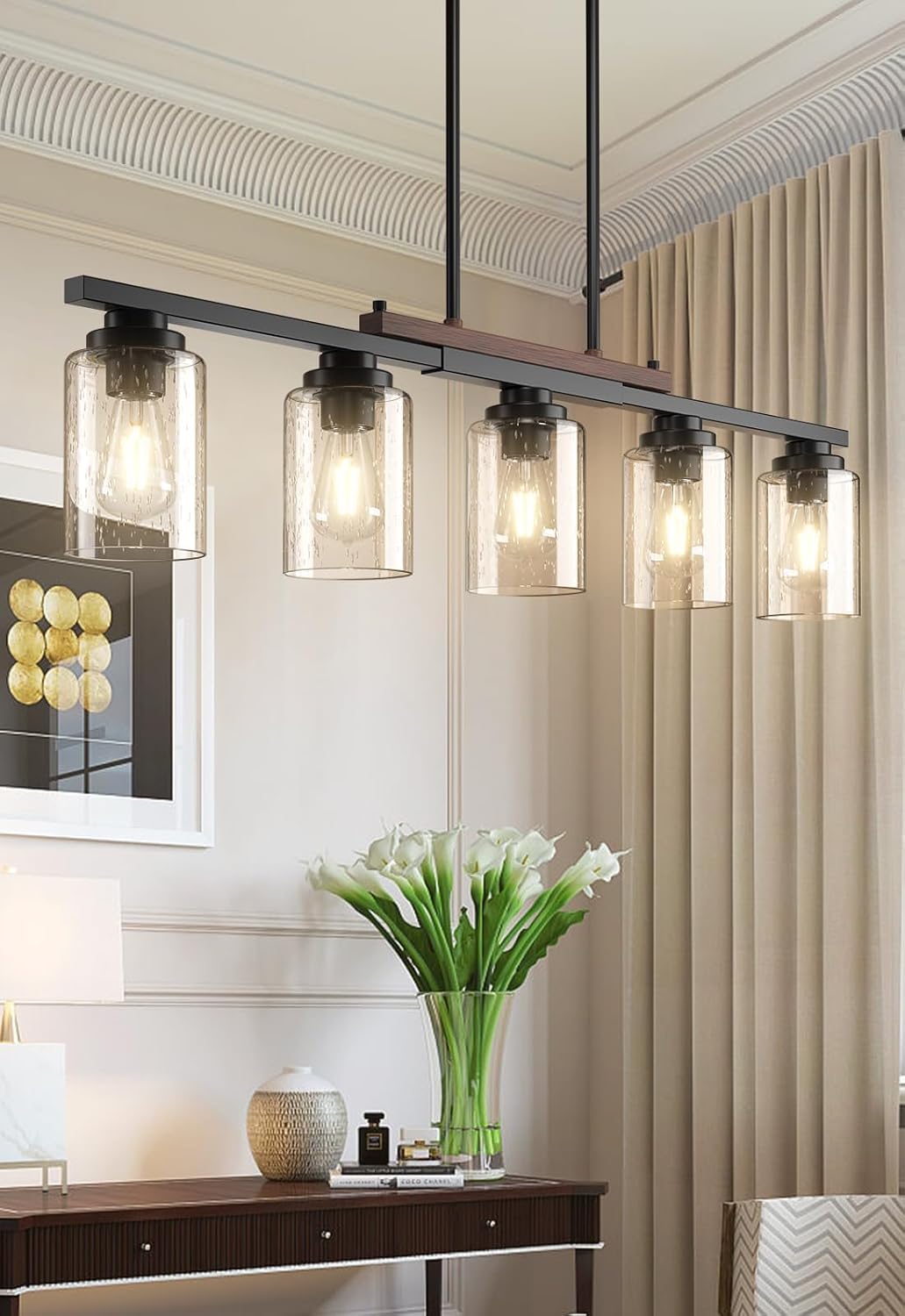 Amico 5-Light Dining Room Light Fixture, Seeded Glass Island Chandelier | Farmhouse Adjustable Rods Black Metal & Wood, Kitchen Island Pendant Light, Dining Room, Bubble Glass Shade