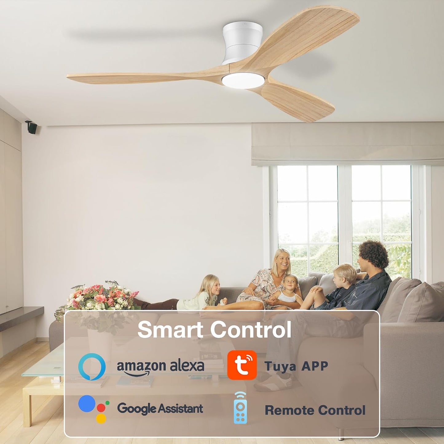 52" Wood Low Profile Ceiling Fans with Lights Remote,Flush Mount,Smart | Alexa/App Control,Easy Install,Quiet,Light Wood White,Hugger LED Ceiling Fan for Modern Outdoor Indoor Patio Bedroom,High CFM