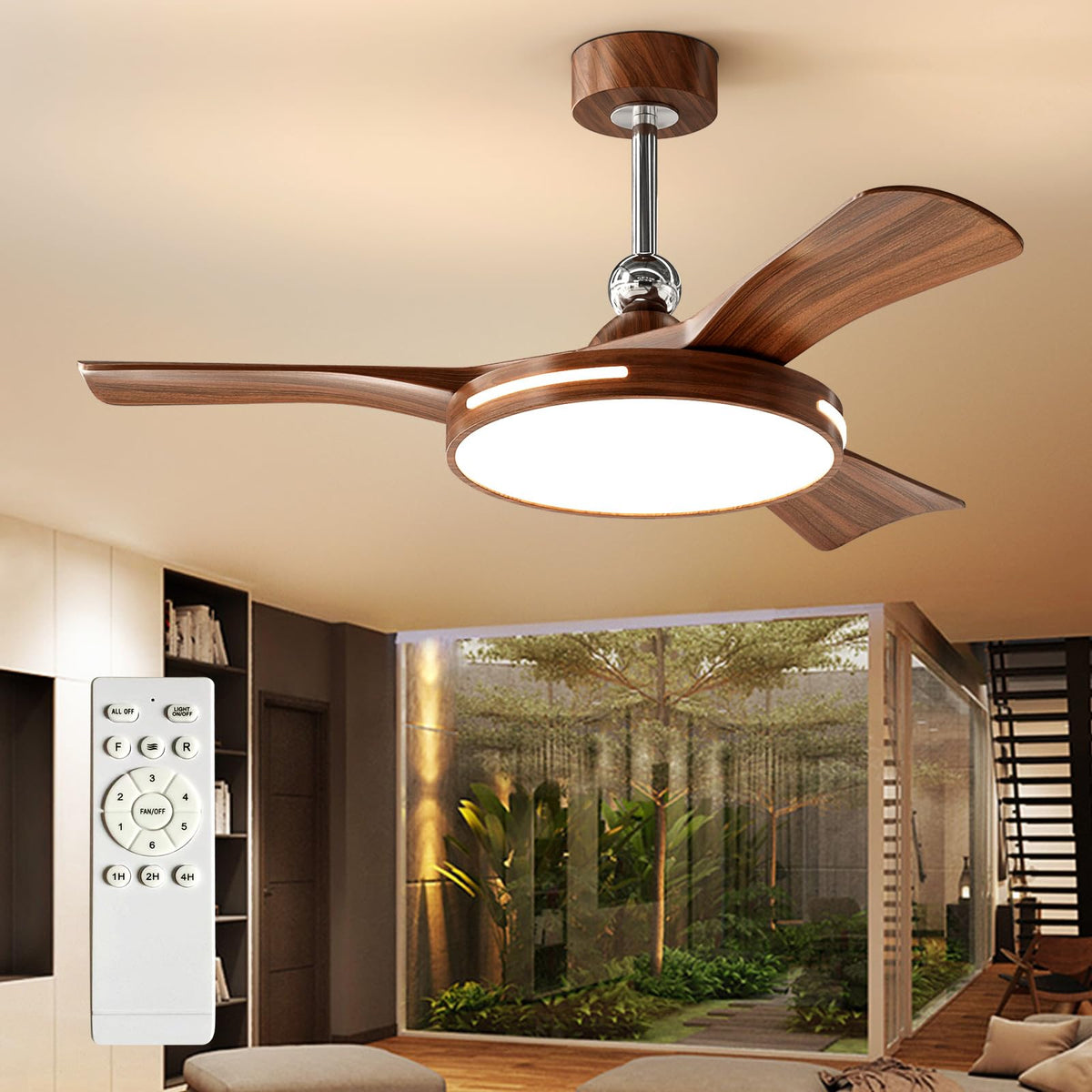 Outdoor Ceiling Fan with Light: 52 Inch 3 Blade Outdoor Fans for Patios - Modern Plastic Walnut Ceiling Fan with Dimmable Light Remote Control Ultra Quiet Reversible DC Motor Timer