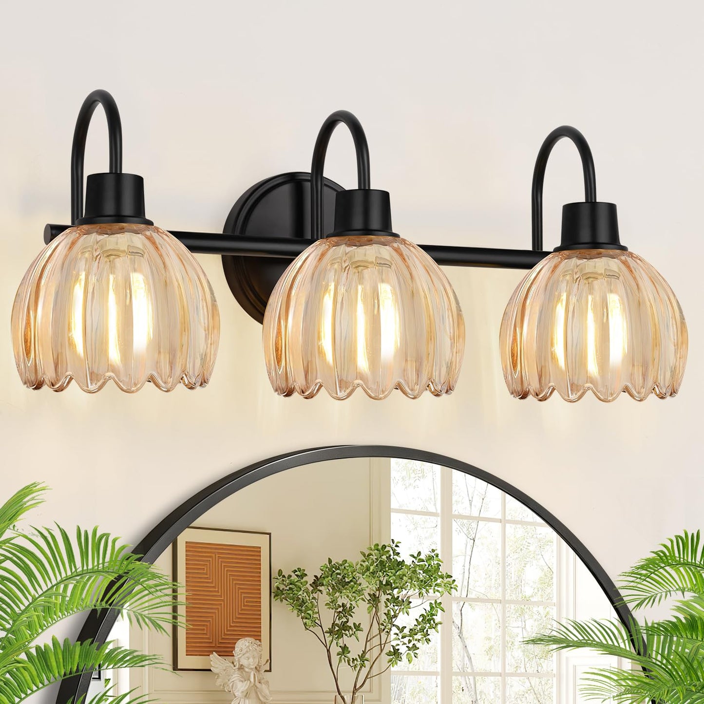 Bathroom Light Fixtures, 3-Light Brushed Gold Vanity Lights for Bathroom with Ribbed Amber Tulip Glass Shade, 20 in Bathroom Vanity Lights Over Mirror for Bedroom, Living Room, Hallway