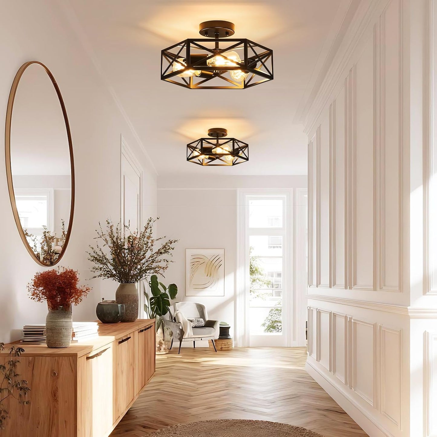 Modern Farmhouse Black Metal Semi Flush Mount Ceiling Light Fixture 14.6 in | Industrial Lighting Fixture,Hexagonal Close to Ceiling Lights for Kitchen Island, Hallway,Bedroom,Foyer,Dining,Laundry Room