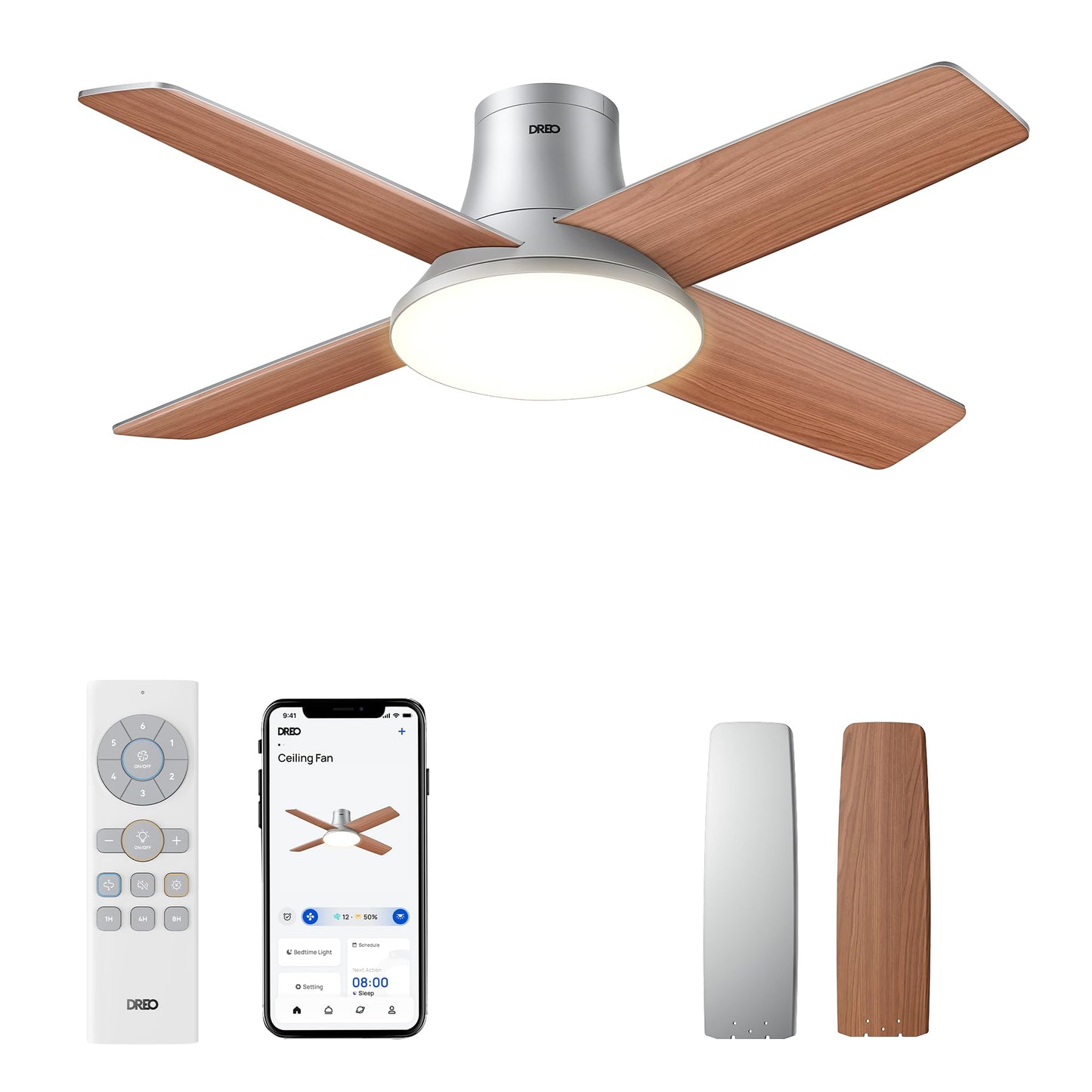 DREO Ceiling Fans with Lights 44'', Flush Mount Smart Ceiling Fan, Remote