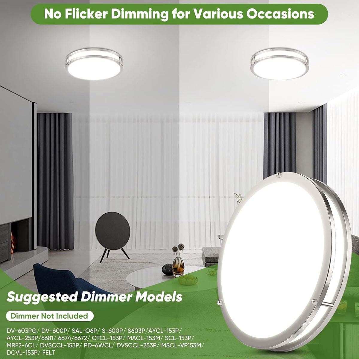 36W LED Ceiling Lights 3600lm Super Bright, Flush Mount Light Fixtures | Dimmable, 6500K/5000K/4000K/3000K/2700K Adjusted Modern Ceiling Lights 2PACK, 13in Ceiling Lamps for Bedroom Kitchen, Nickle