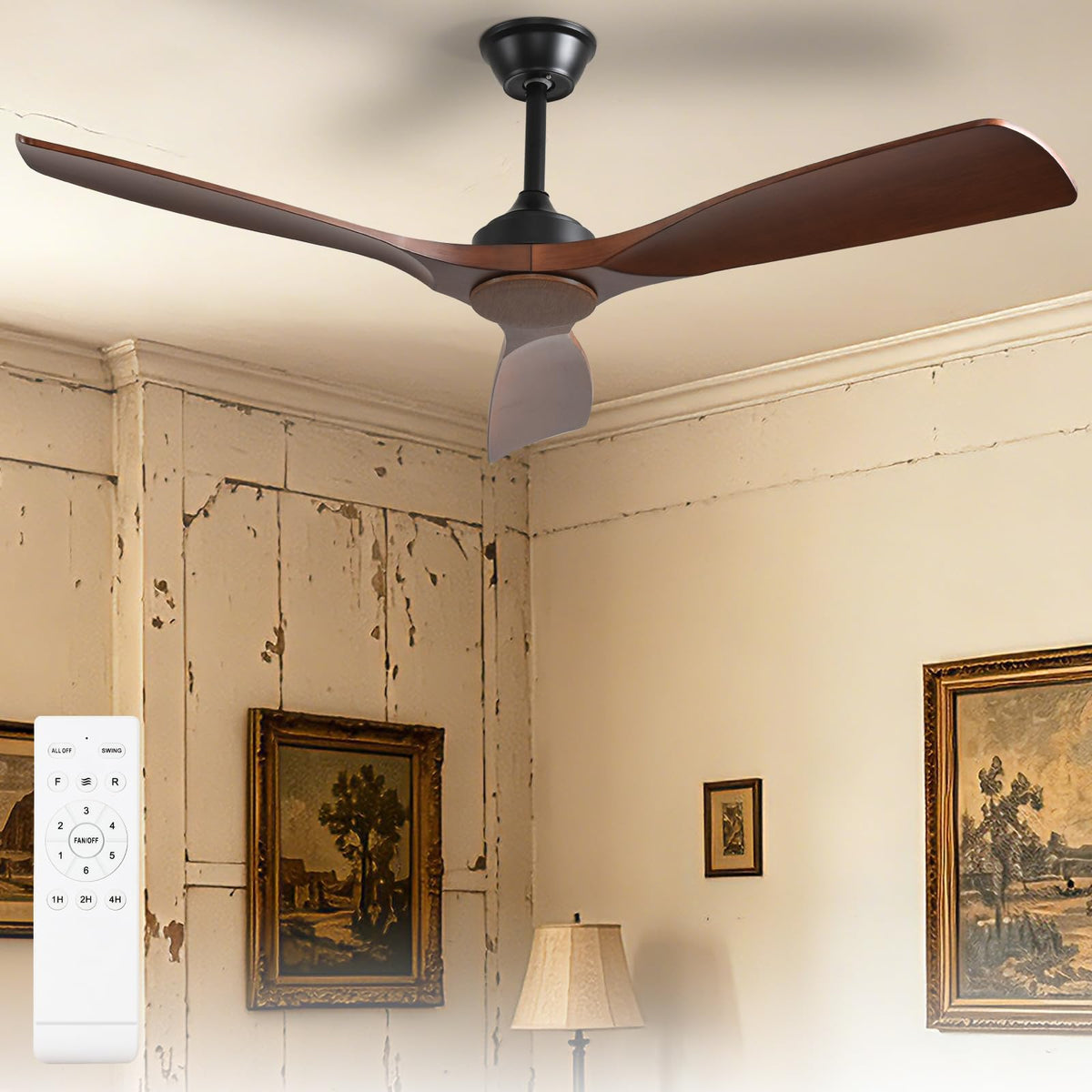 Outdoor Ceiling Fan with Light: 52 Inch 3 Blade Outdoor Fans for Patios - Modern Plastic Walnut Ceiling Fan with Dimmable Light Remote Control Ultra Quiet Reversible DC Motor Timer