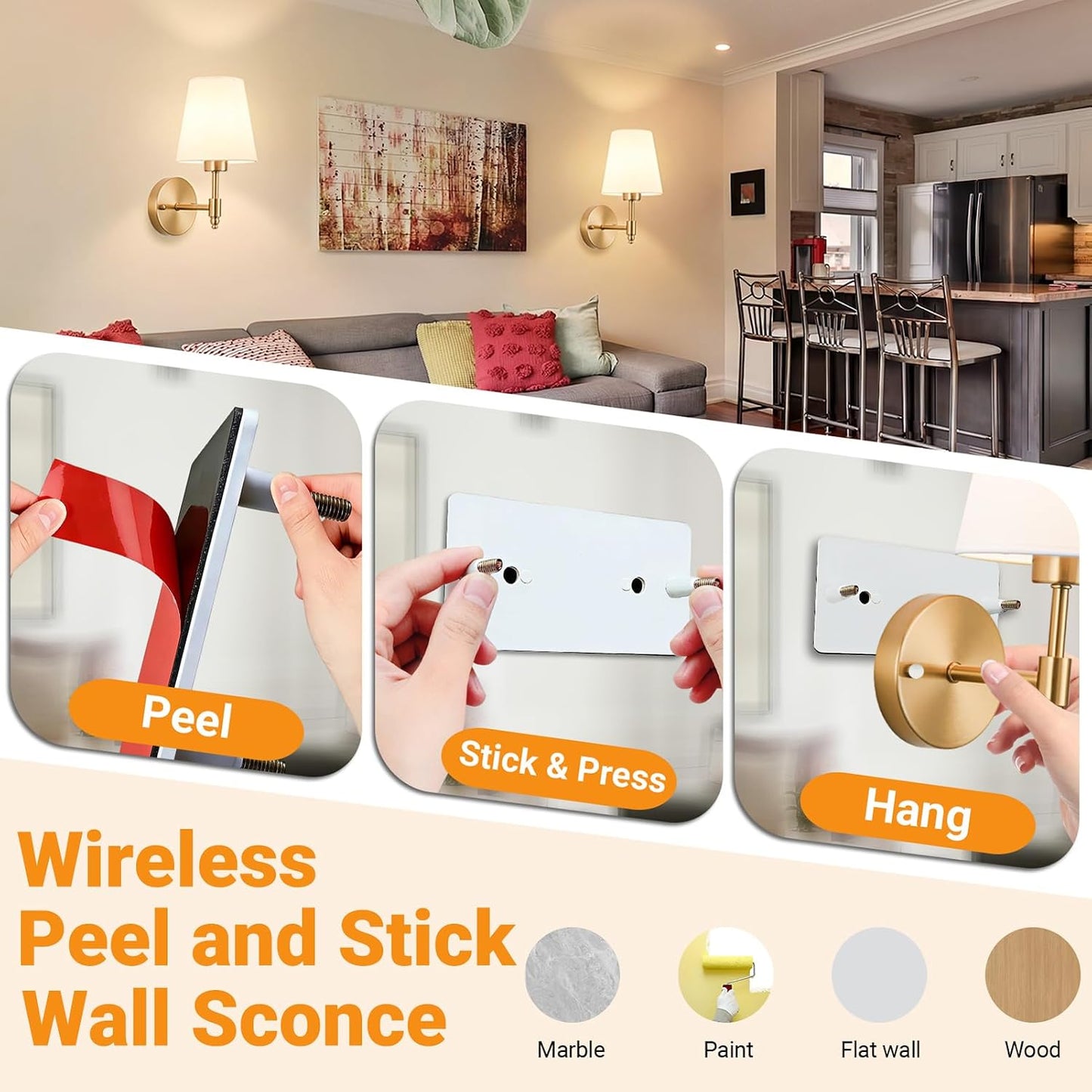 Nekhung Battery Operated Wall Sconce, Peel and Stick Sconces Set of 2 | Wireless Adhesive Stick On Wall Sconce, 10000mAh Rechargeable RGB Bulb with Remote, No Drill Wall Light for Bedroom Decor