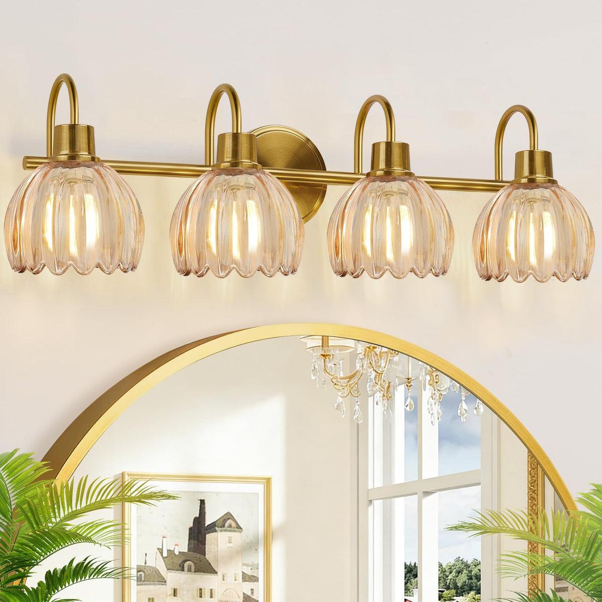 Bathroom Light Fixtures, 3-Light Brushed Gold Vanity Lights for Bathroom with Ribbed Amber Tulip Glass Shade, 20 in Bathroom Vanity Lights Over Mirror for Bedroom, Living Room, Hallway