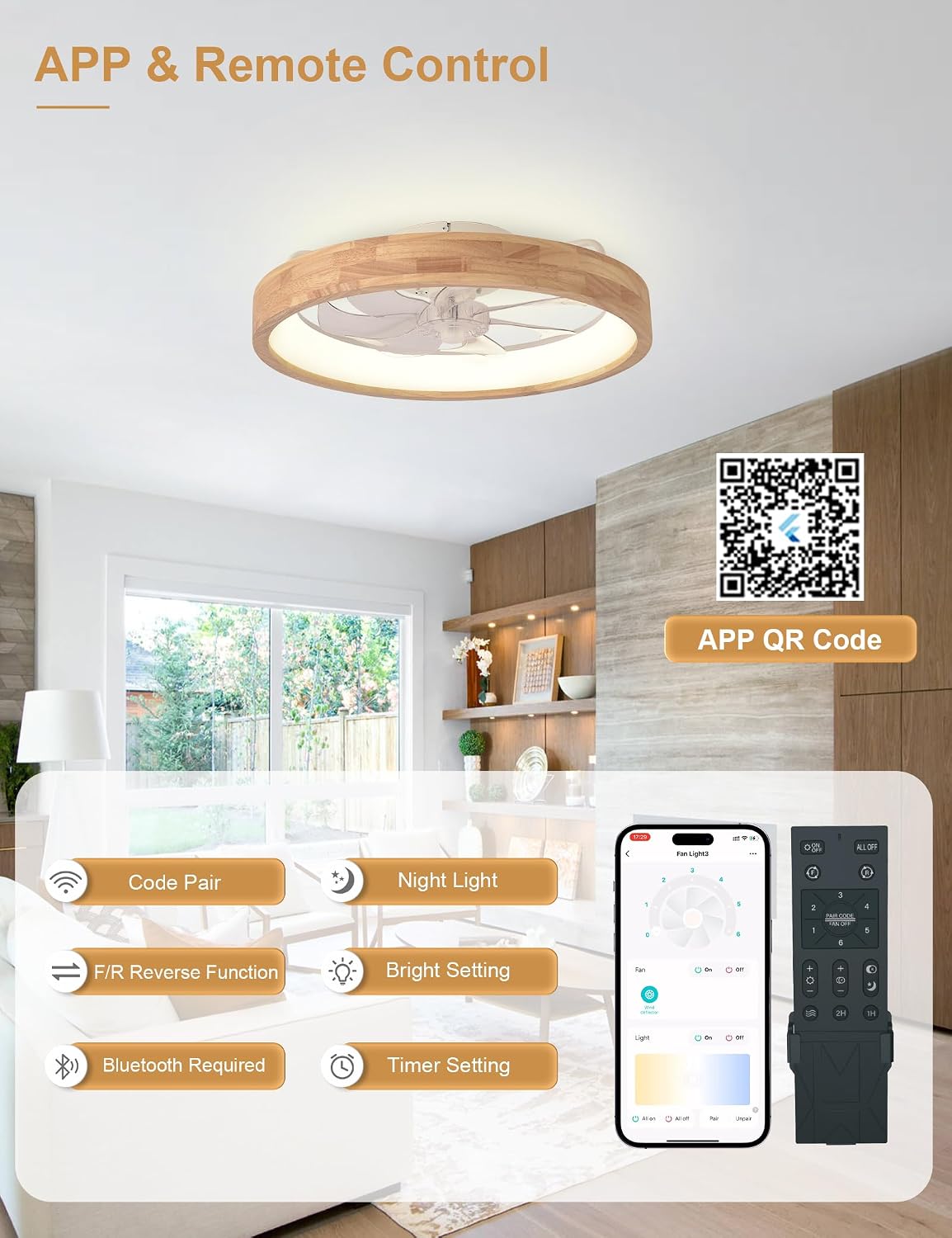 20" Modern Low Profile Flush Mount Wood Ceiling Fan with Light | Remote/APP, timer, memory, reversible, dimmable LED, 6 speeds; for bedroom, living room.