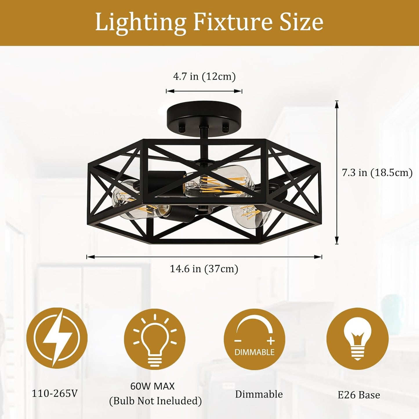 Black Modern Farmhouse Metal Semi Flush Mount Ceiling Light Fixture 14.6 in | Industrial Ceiling Lighting Fixture,hexagonal Lighting Fixtures for Kitchen Island Bedroom Foyer Dining Room Hallway,3-Light