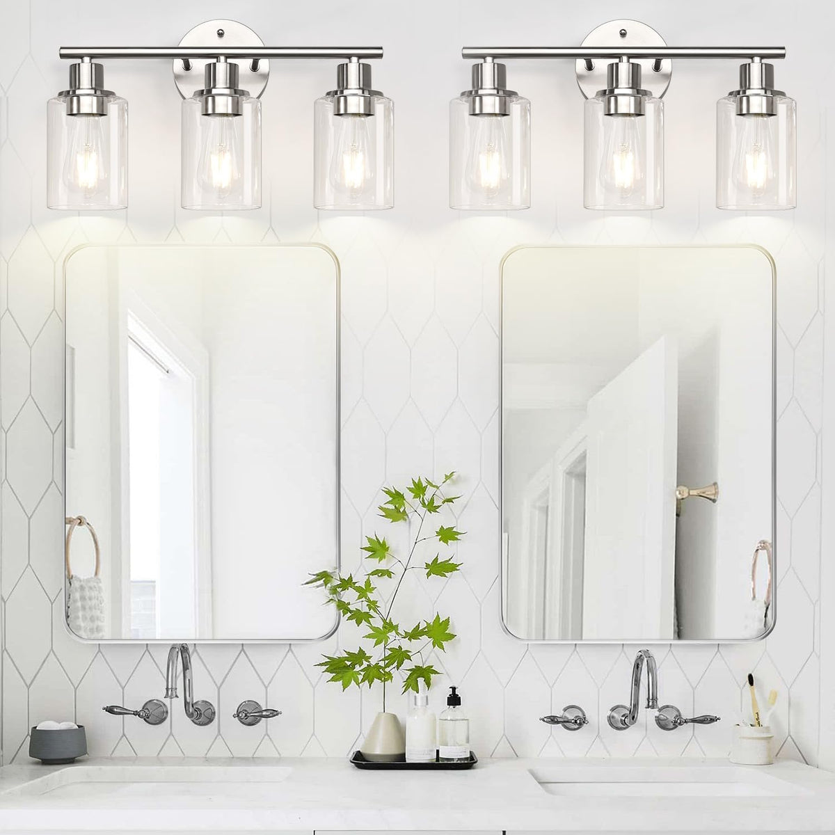 Zarbitta 3-Light Bathroom Light Fixtures, Brushed Nickel Vanity Light, Farmhouse Wall Lights with Clear Glass Shade, Bathroom Wall Lamp for Mirror Kitchen Bedroom Hallway Living Room Hallway Cabinet