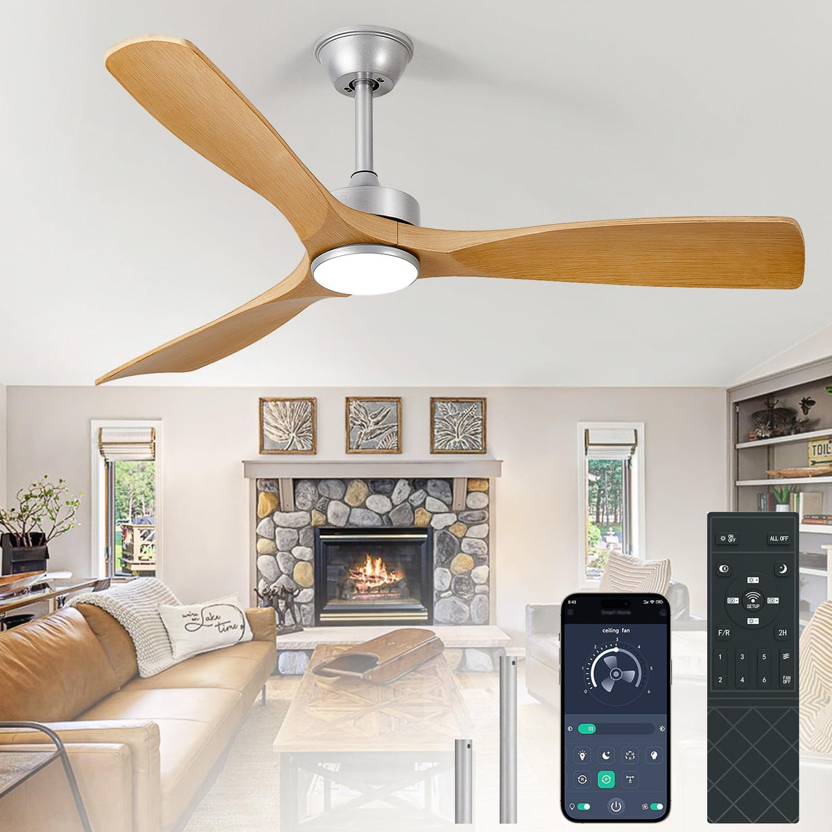 Outdoor Ceiling Fan with Light: 52 Inch 3 Blade Outdoor Fans for Patios - Modern Plastic Walnut Ceiling Fan with Dimmable Light Remote Control Ultra Quiet Reversible DC Motor Timer