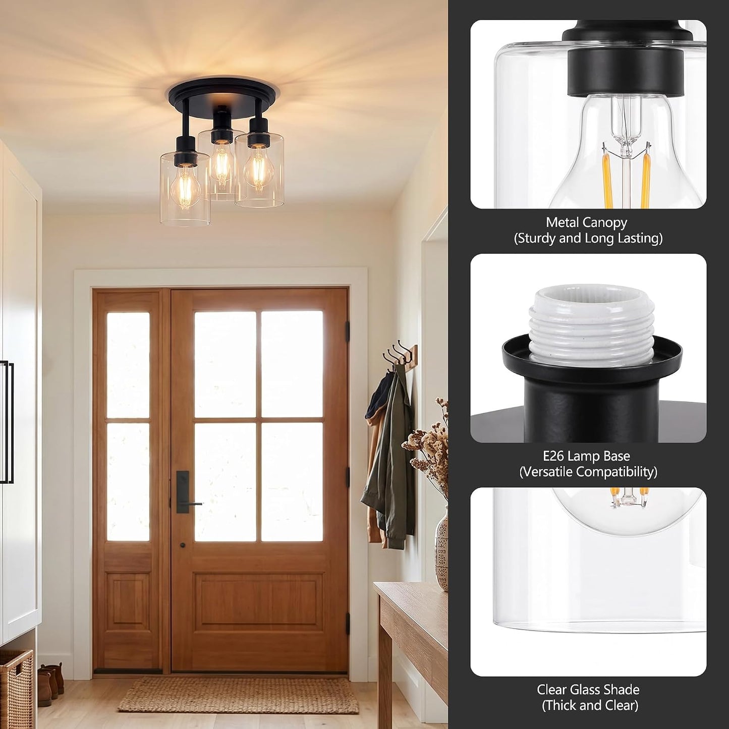 ROTTOGOON Semi Flush Mount Ceiling Light, Close to Ceiling Lights Fixtures, 3 Light Kitchen Ceiling Lights Fixtures with Glass Shades, Hallway Light Fixtures Ceiling Mount for Foyer, 9.9" x 13", Black