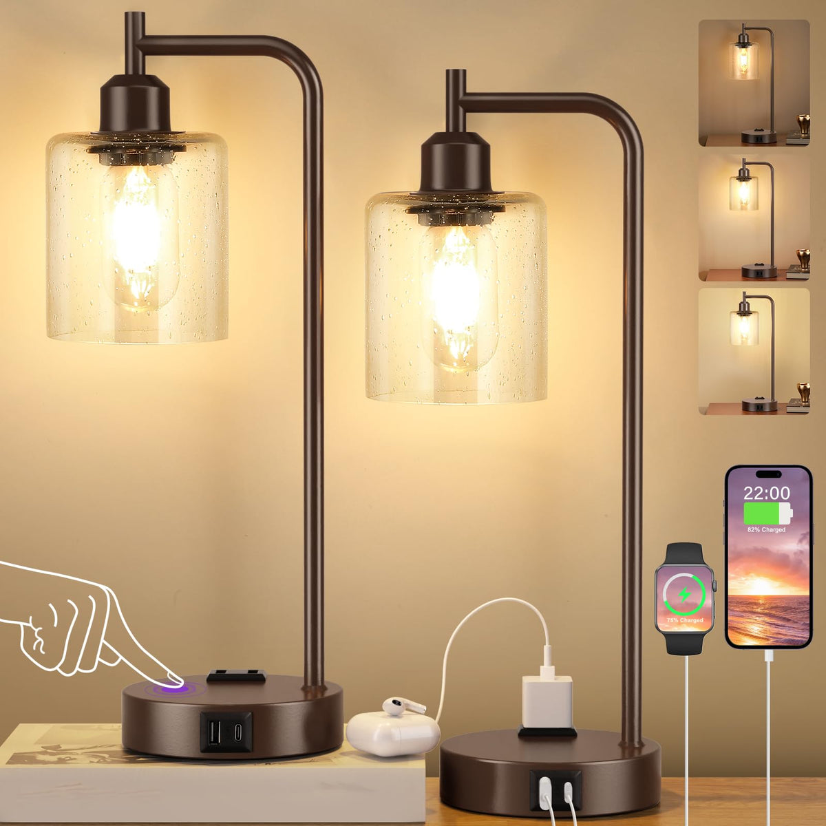 Industrial Touch Lamps for Nightstand Set of 2, 3-Way Dimmable Bedside Lamp | Glass Shade, USB C+A Charging Port & Outlet, Black Desk Lamps for Bedroom, Living Room, Home Office, Reading