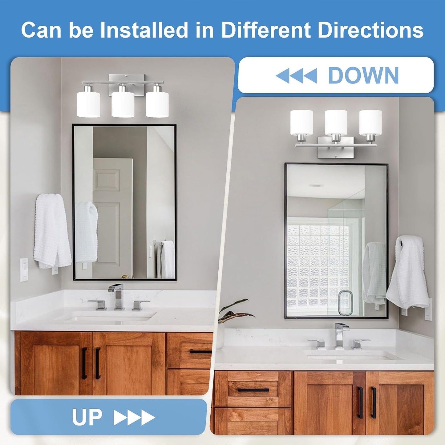 18 Inches Bathroom Light Fixtures Over Mirror Brushed Nickel | Anti-Rust 3-Light Vanity Lights Over Mirror, E26 Standard Socket, Milky White Glass Shades, Bulbs Not Included