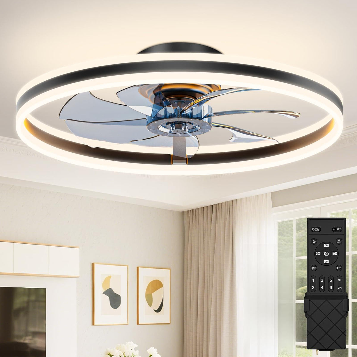 VOLISUN Low Profile Ceiling Fans with Lights and Remote, 27.6in Flush Mount Ceiling Fans with Light, 3000K-6500K Dimmable Fandelier LED Fan Light, Black Bladeless Ceiling Fans with Lights for Bedroom