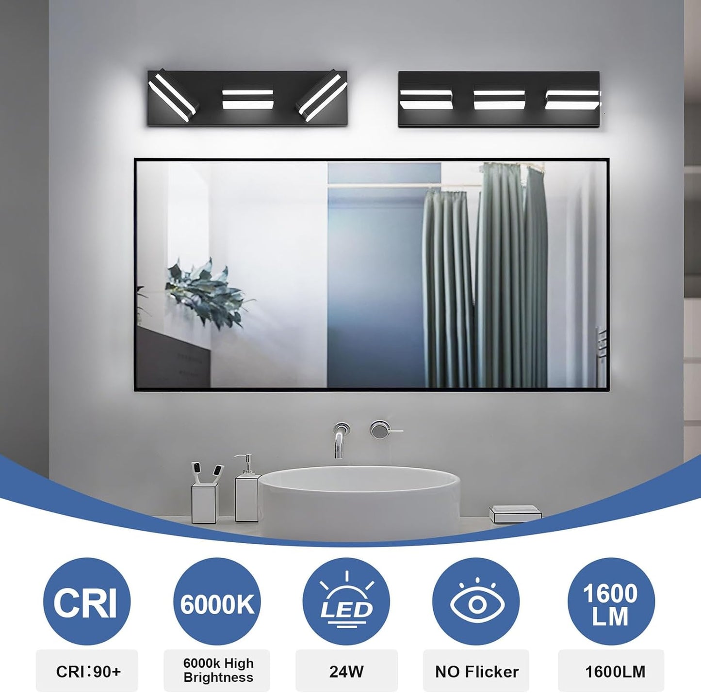 Modern LED Small Black Acrylic Bathroom Lights Fixtures 3-Light | Wall Lighting,Vanity Lights for Bathroom Over Mirror 6000K 350°Rotate（No Assembly Required）