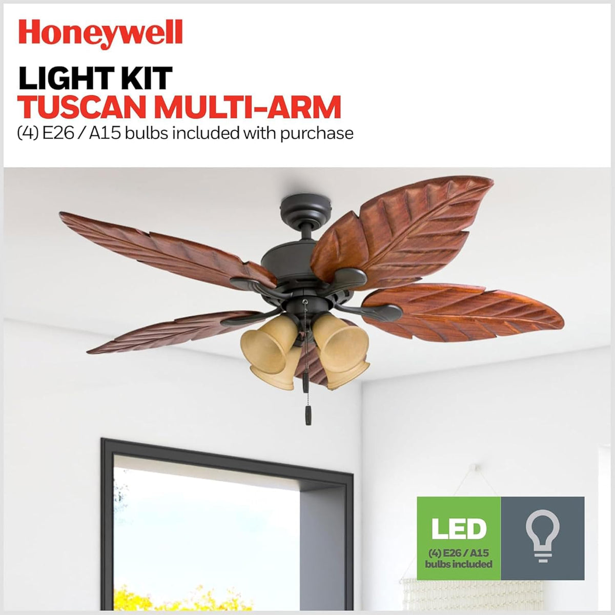 Honeywell Ceiling Fans Royal Palm, 52 Inch Tropical LED Ceiling Fan with Light, Pull Chain, Three Mounting Options, Hand Carved Solid Wood Blades - Model 50503-01 (Bronze)