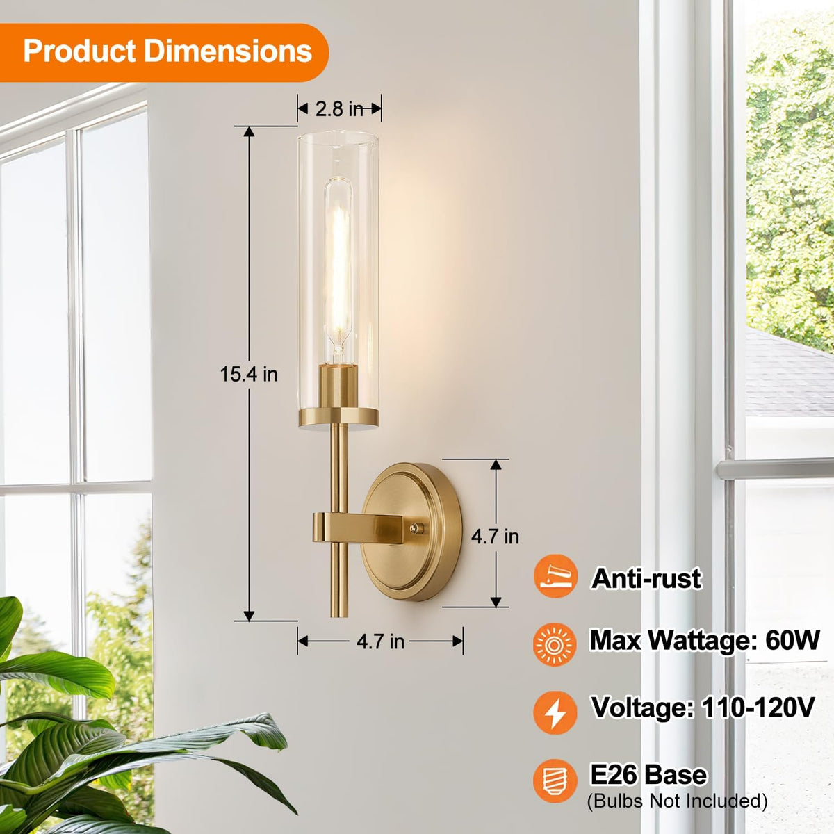 [Hardwired] Wall Sconces Set of Two, Brushed Gold Bathroom Sconces with Clear Glass, Modern Wall Light Fixtures for Bathroom Mirror Vanity, Living Room, Bedroom, Hallway, Stairway, Cabinet, Foyer