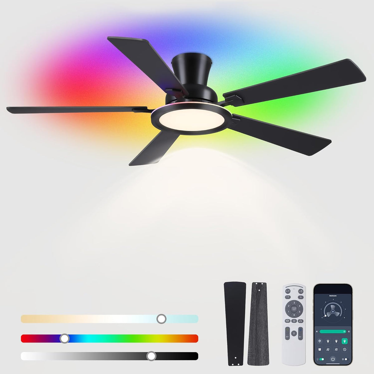 Ayaoty Ceiling Fans with Lights - 52in Flush Mount Ceiling Fan with RGB Dimmable, 3CCT 6 Wind Speeds and Reversible Quiet Motor, Low Profile RGB Fan Light for Modern Indoor, Party - Black
