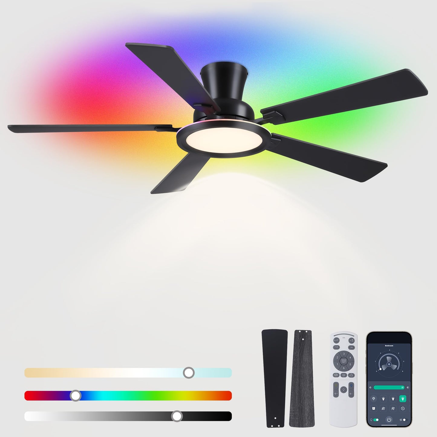 Ayaoty Ceiling Fans with Lights - 52in Flush Mount Ceiling Fan with RGB Dimmable, 3CCT 6 Wind Speeds and Reversible Quiet Motor, Low Profile RGB Fan Light for Modern Indoor, Party - Black