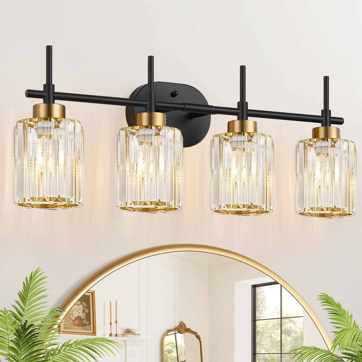 Modern Crystal Bathroom Vanity Light, 3-Light Brushed Gold Bathroom Light Fixtures with Clear Shades, Vanity Lighting Fixtures Over Mirror (Exclude Bulb)