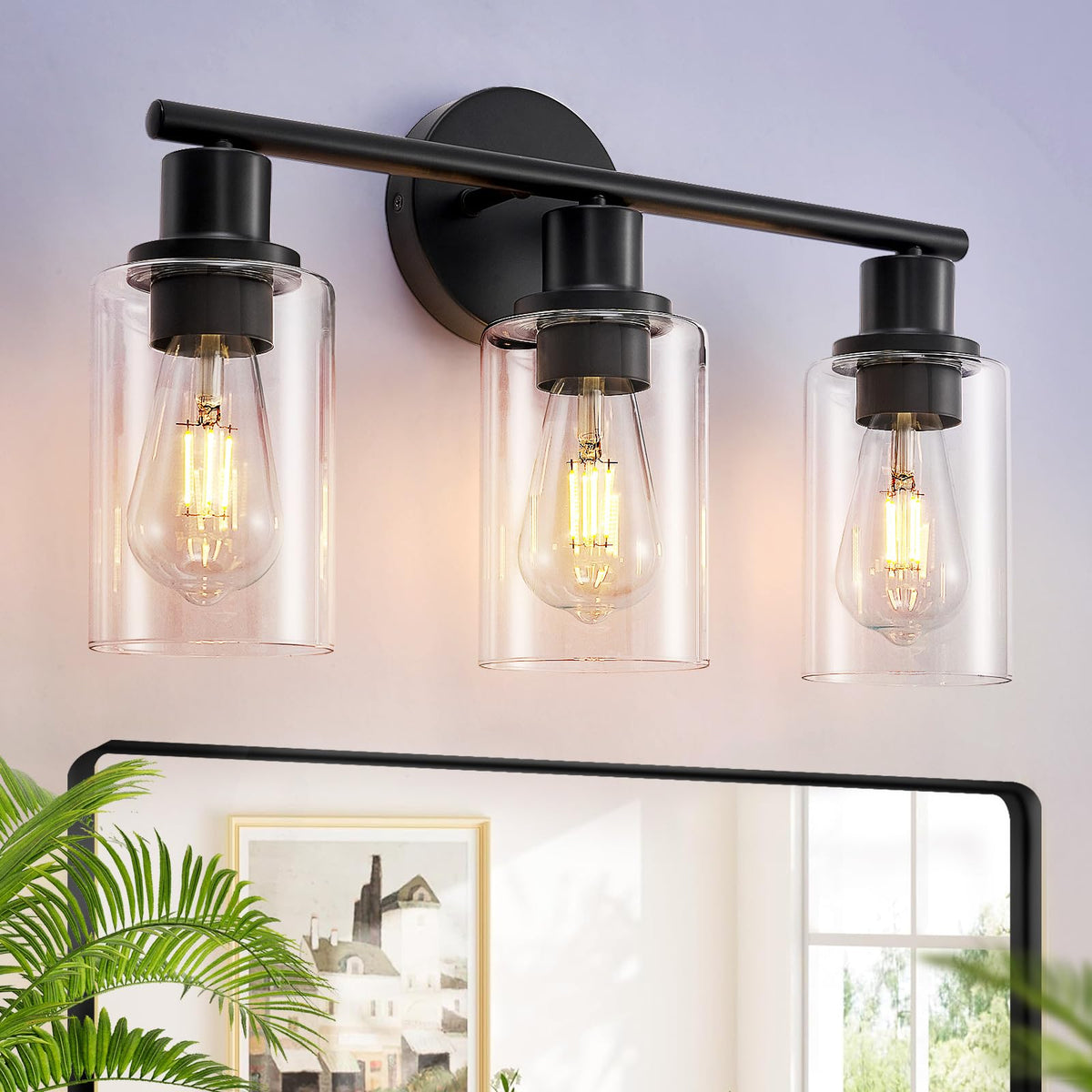 DLLT 3-Light Bathroom Light Fixtures: Set of 2 Black Modern Vanity Lights with Clear Glass Shade - 18.51" Bathroom Wall Lamp for Mirror Kitchen Living Room