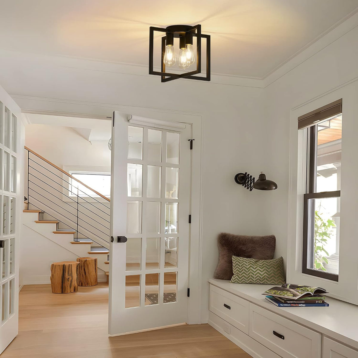 3-Light Ceiling Light Fixture, Black Semi-Flush Mount Chandelier with Geometric Metal Shade, Farmhouse Industrial Lighting for Kitchen Living Room Bedroom Hallway Foyer, E26 Base