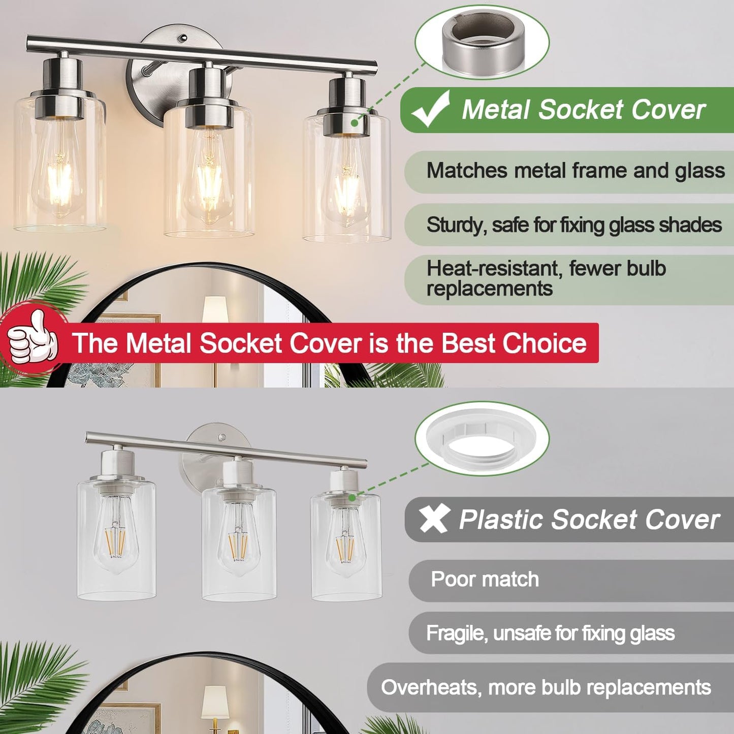 Zarbitta 3-Light Bathroom Light Fixtures, Brushed Nickel Vanity Light, Farmhouse Wall Lights with Clear Glass Shade, Bathroom Wall Lamp for Mirror Kitchen Bedroom Hallway Living Room Hallway Cabinet
