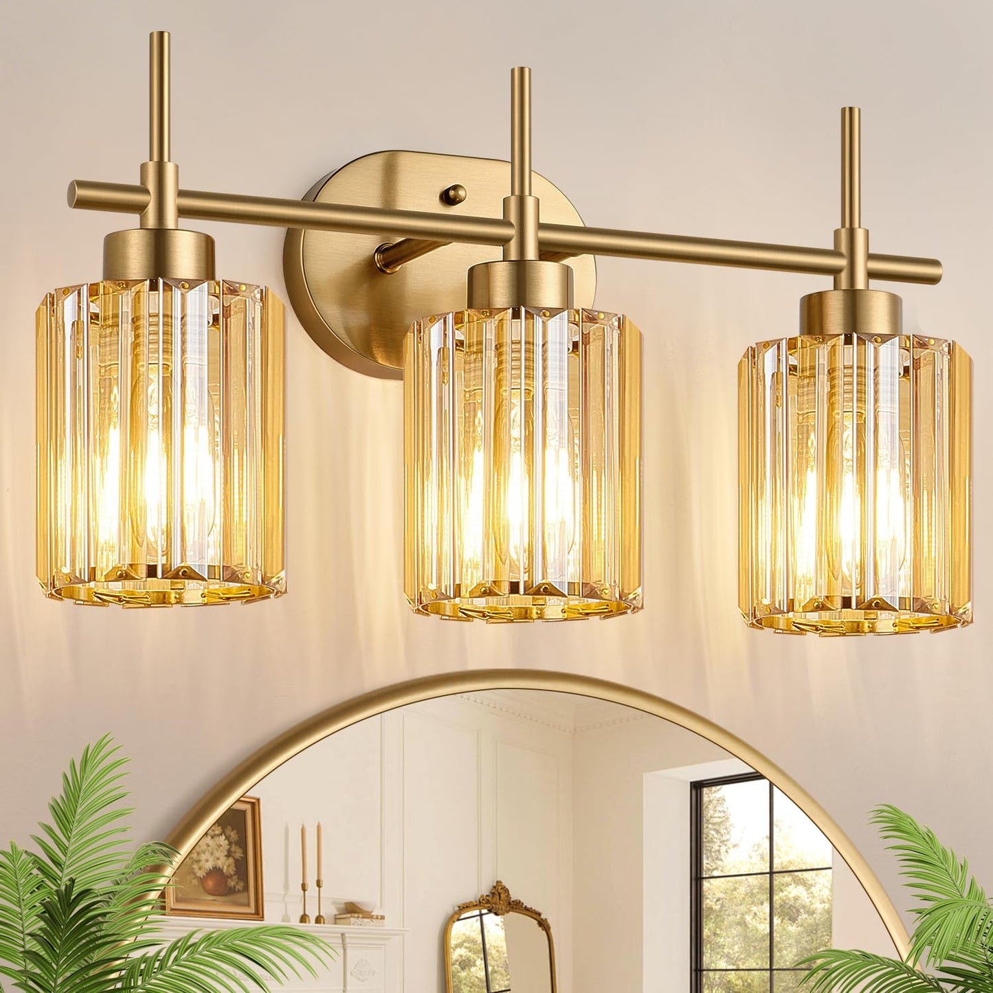 Modern Crystal Bathroom Vanity Light, 3-Light Brushed Gold Bathroom Light Fixtures with Clear Shades, Vanity Lighting Fixtures Over Mirror (Exclude Bulb)