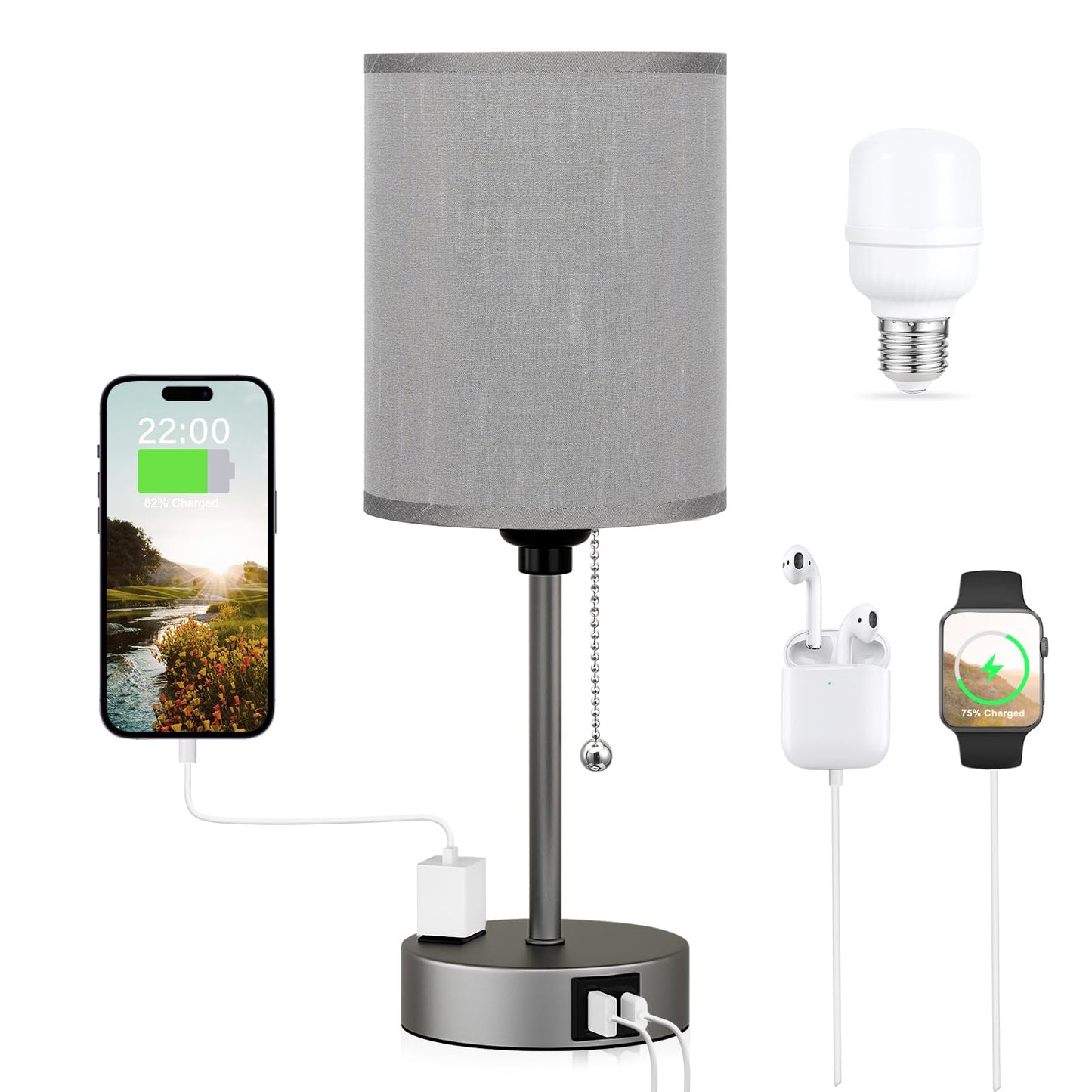 Dicoool Bedside Table Lamp for Bedroom - Small Desk Lamp with USB Ports | USB A+C Ports, AC Outlet, 3 Color Temperatures, LED Bulb Included, White Fabric Shade, Black Metal Base, 14" Nightstand lamp