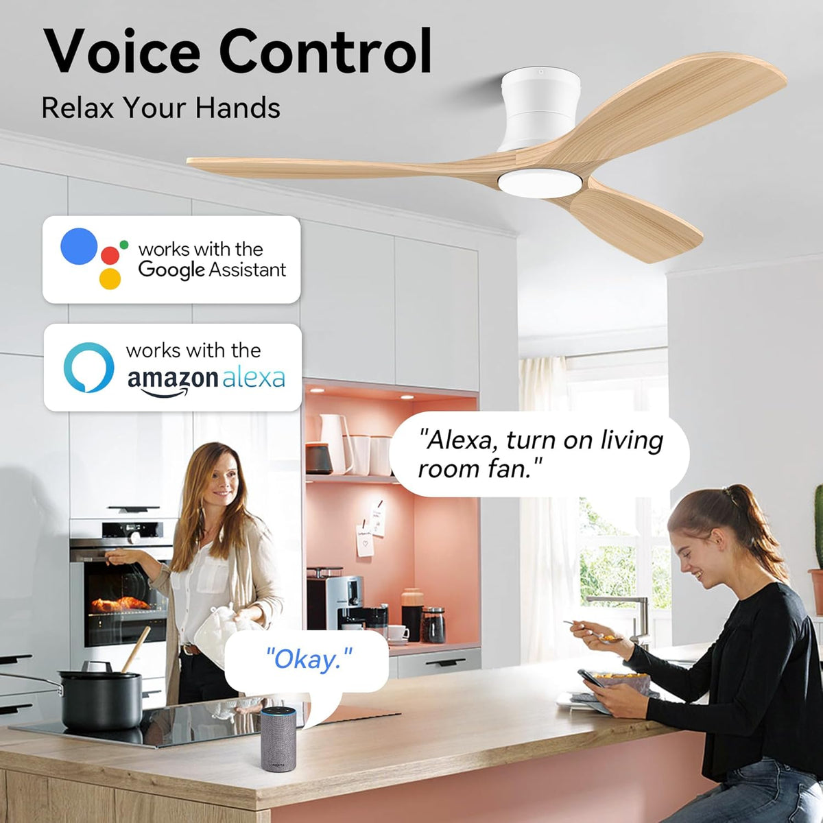 Livory 52” Wood Smart Flush Mount Ceiling Fans with Lights and Remote,Quiet DC Motor,Outdoor Indoor Ultra Low Profile Ceiling Fan works with Alexa WIFI APP,Modern White Ceiling Fan for Bedroom Patio